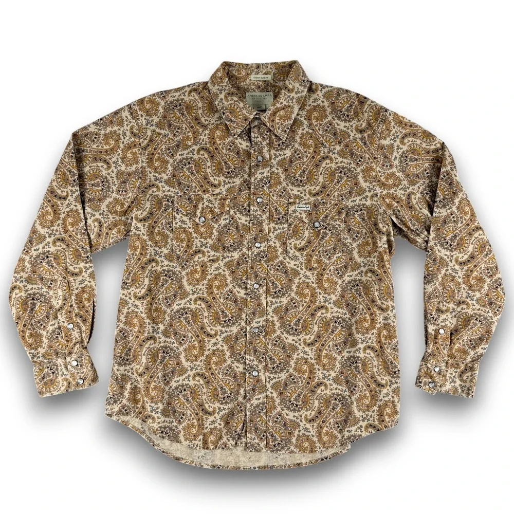 American Eagle Shirt Mens L Tan Paisley Corduroy Vintage Western Pearl Snap - Picture 2 of 11
